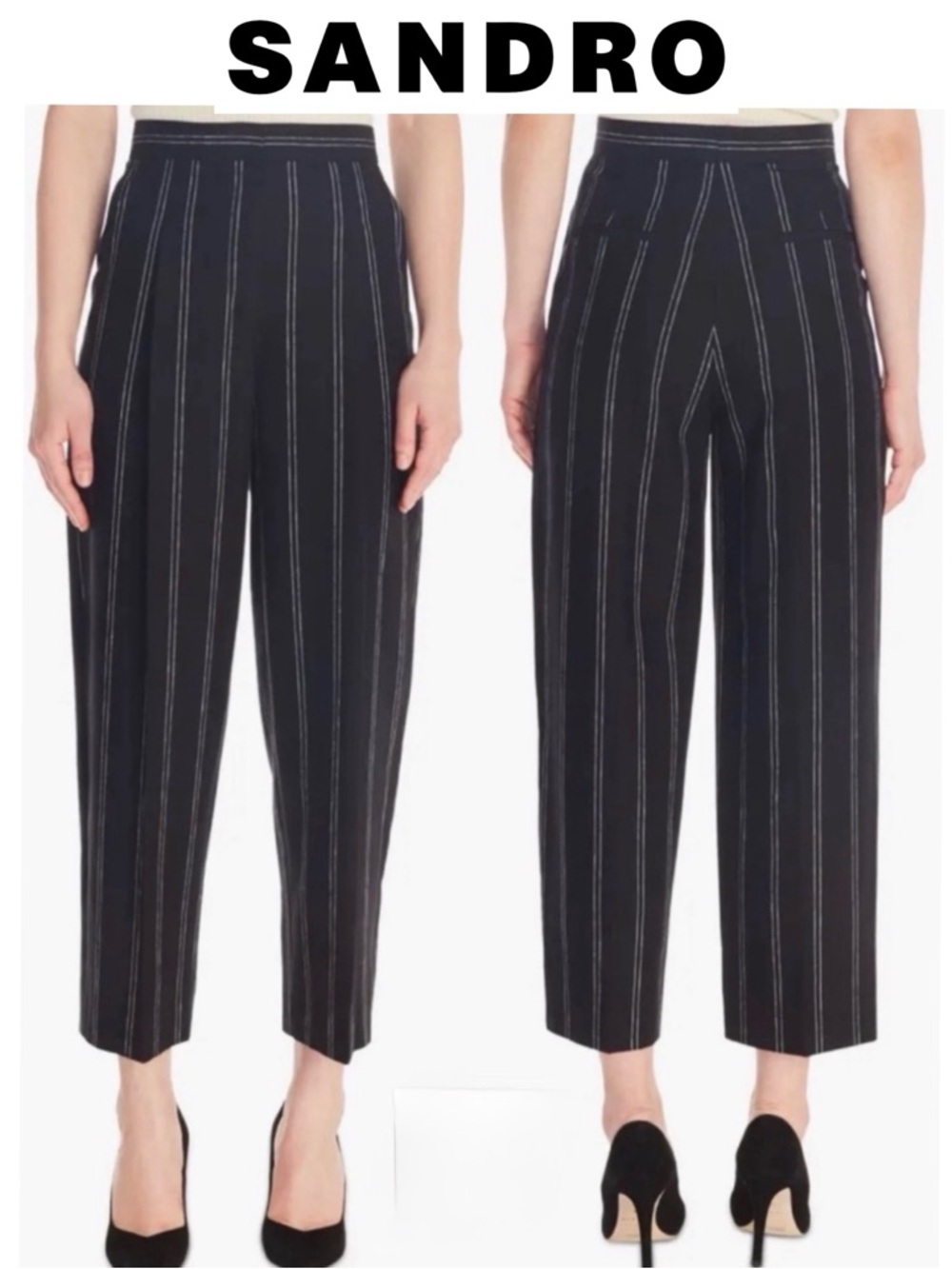 Sandro Malys Stripe Wide Leg Linen Blend Pants In Black Pinstripe High Rise 34